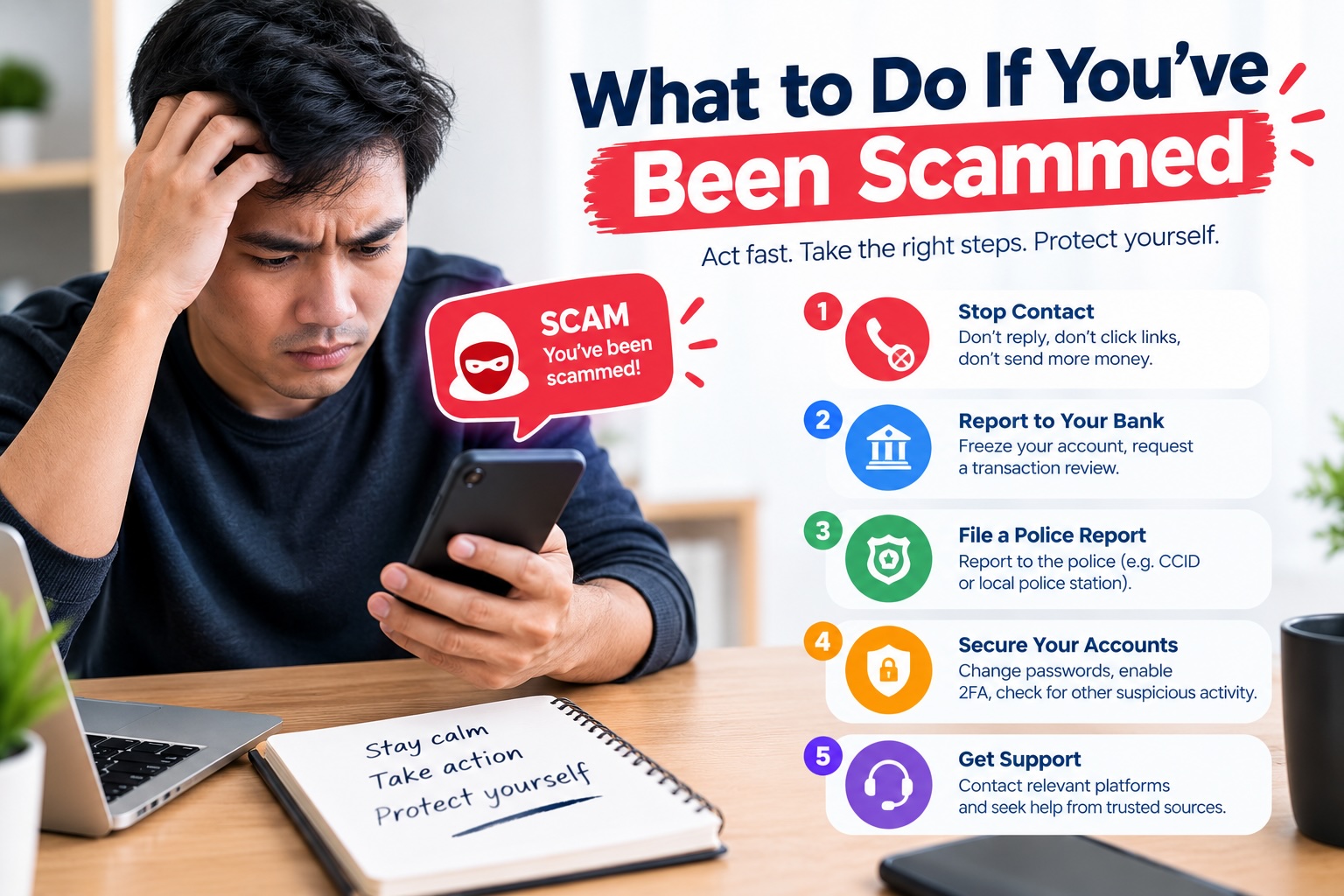a man holding a phone and being scam